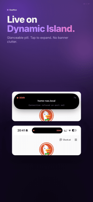 RawMon Dynamic Island showing a monitor state change